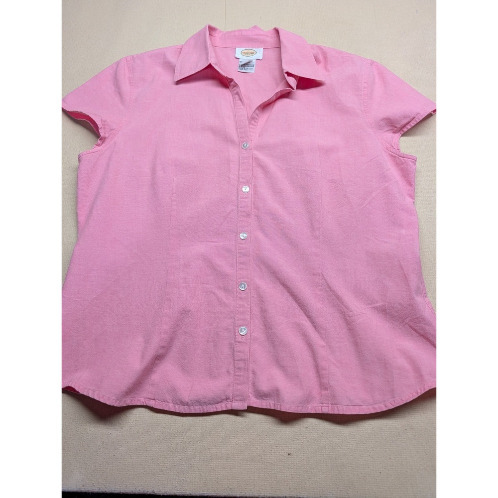 Talbot's Women's Shirt Size Large Pink 100% Cotton Cap Sleeve Button Up Classic
